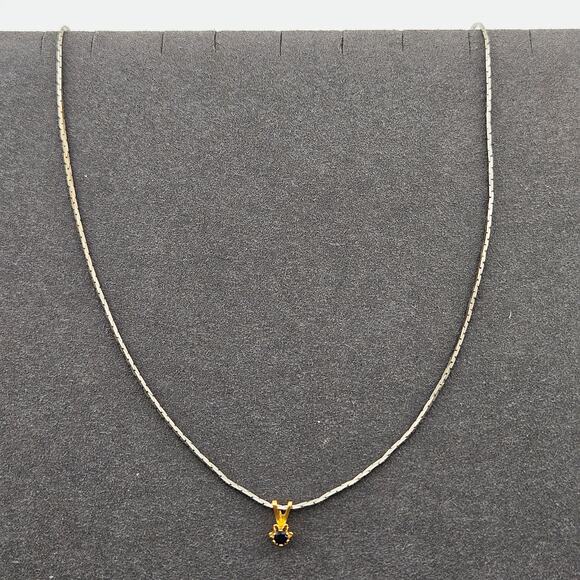 Two Tone Silver & Gold Tone Necklace Dark Blue Crystal Stone Charm Small Simple - Picture 1 of 5